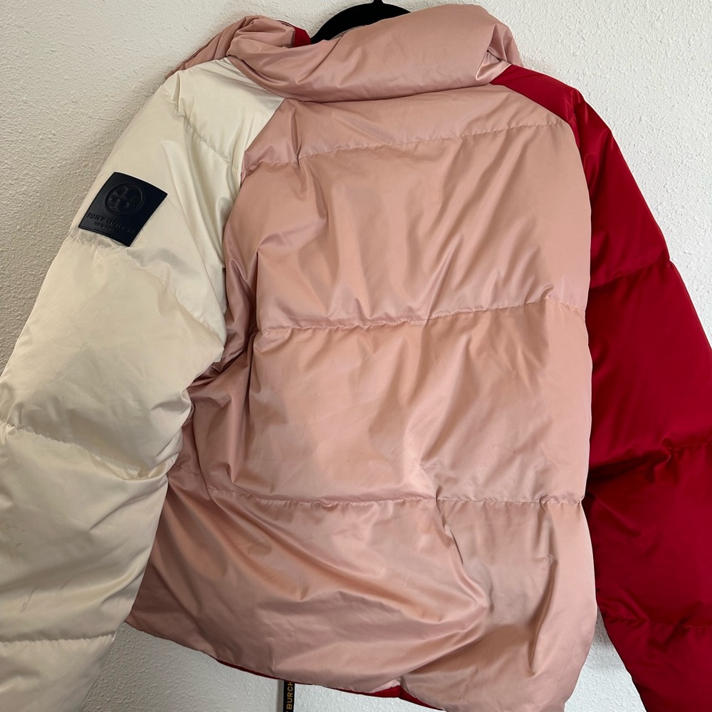 EUC Authentic Tory Burch puffy Jacket multicolored pink red and beige